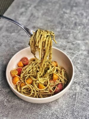 Creamy Herby Hummus Spaghetti with Roasted Cherry Tomatoes – ChicP