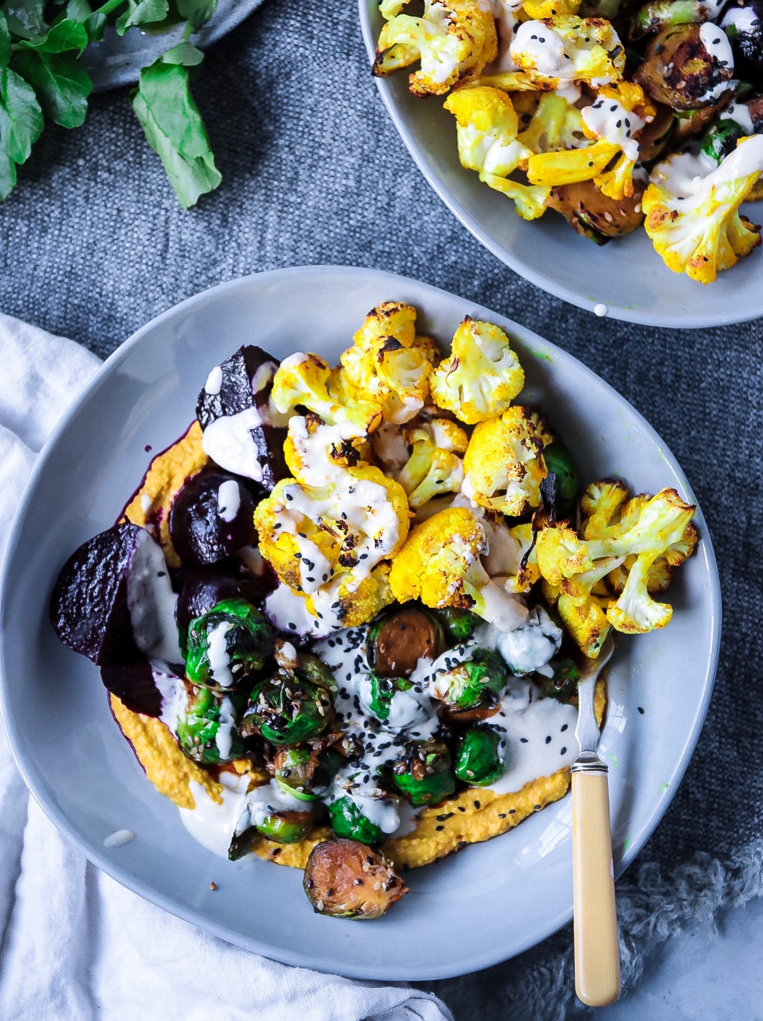 Roast turmeric & cauliflower winter salad with ChicP carrot, ginger and turmeric hummus