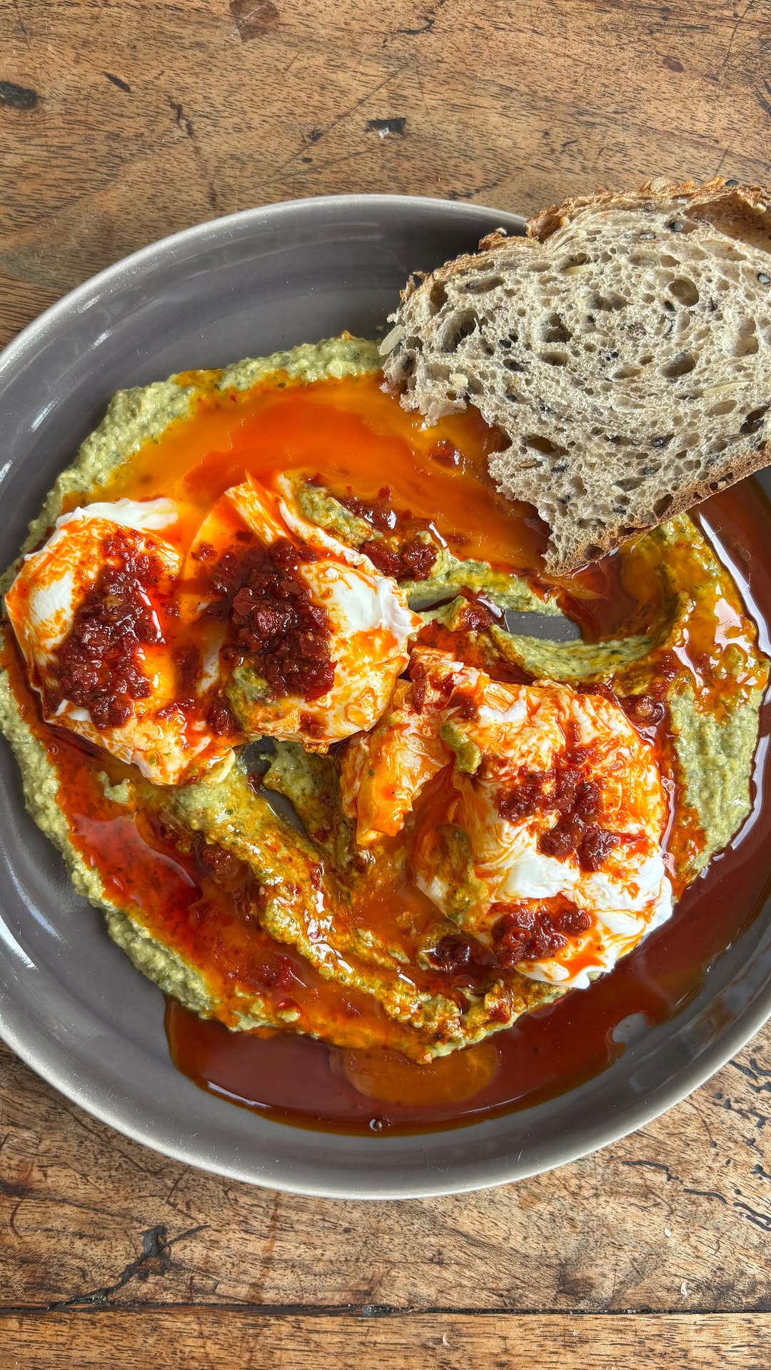 Poached Eggs on Spinach & Parsley Hummus