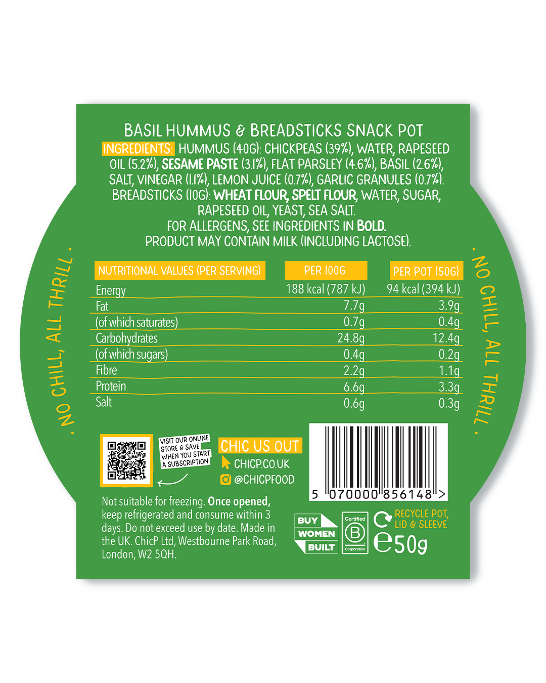 Basil Fridgeless Hummus Snack Pot (12x Units)