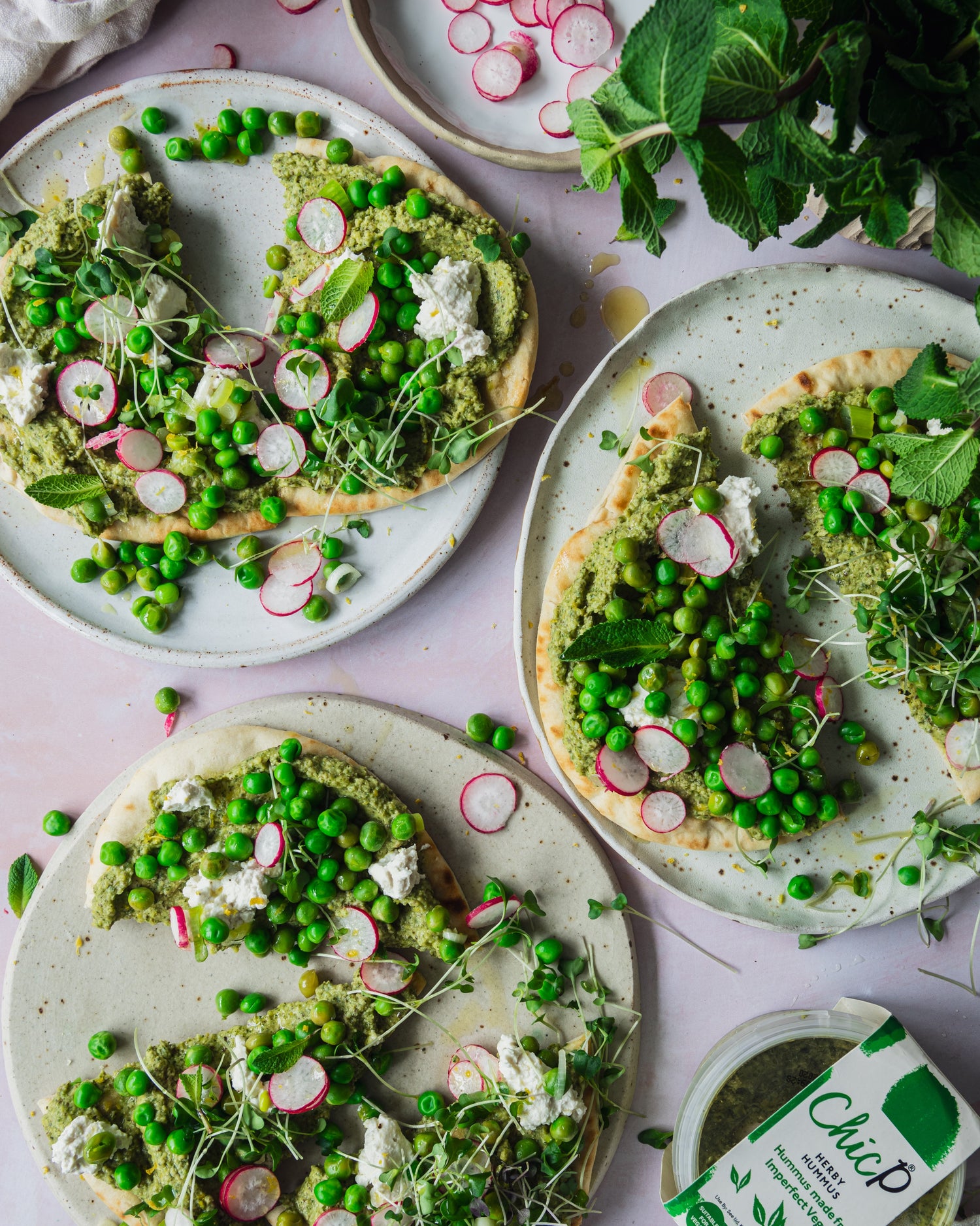 Lemony peas and radish with ChicP spinach and parsley hummus