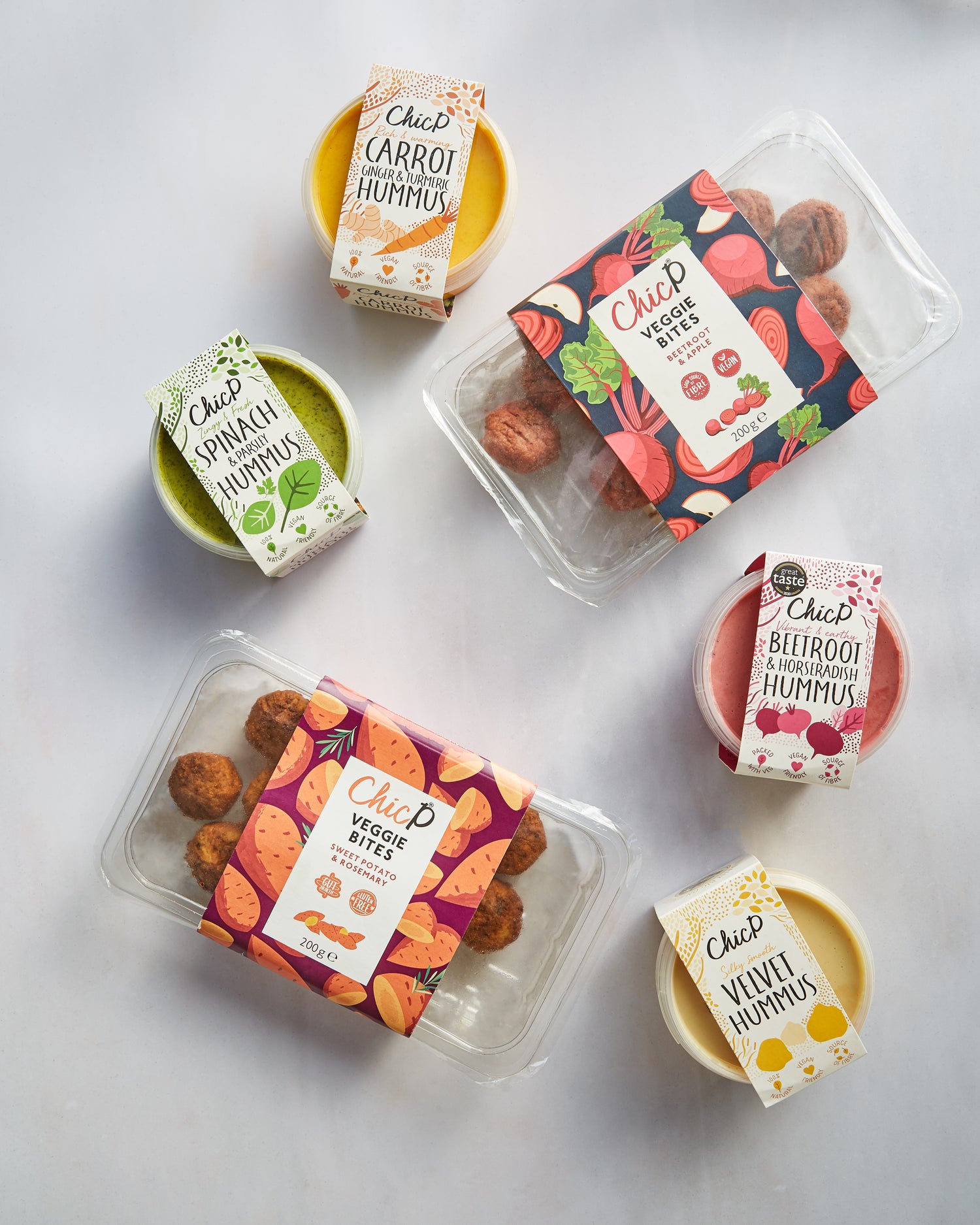 Full range of ChicP's hummus and veggie bites in their packaging