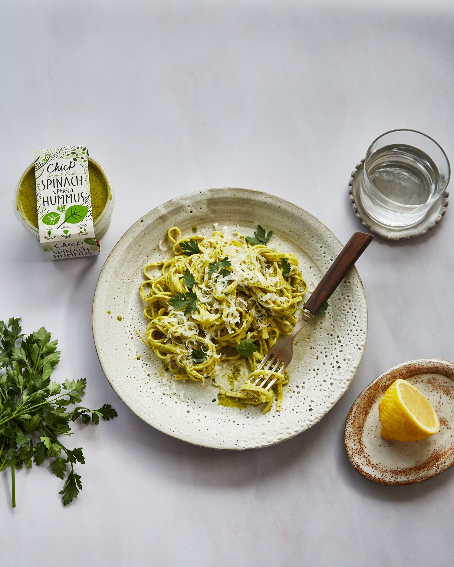 Pasta made with ChicP's spinach and parsley vegetarian and vegan hummus